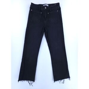 Zara Womens Jeans High Rise Straight Leg 4 Black Raw Hem Patch Pocket Denim